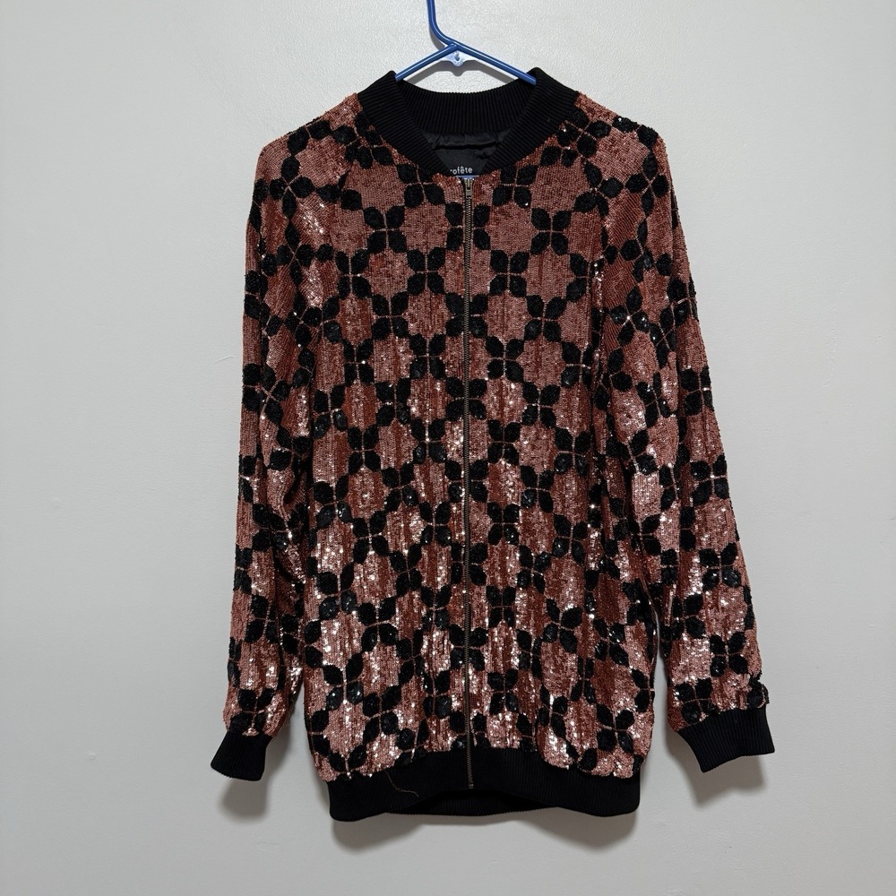 Retrofete Sequin Pink Black Patterned Bomber Oversized Jacket Size Small